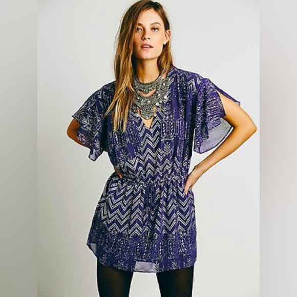 Free People Love Your Chaos Boho Mini Purple Metallic Dress Small - Picture 2 of 11